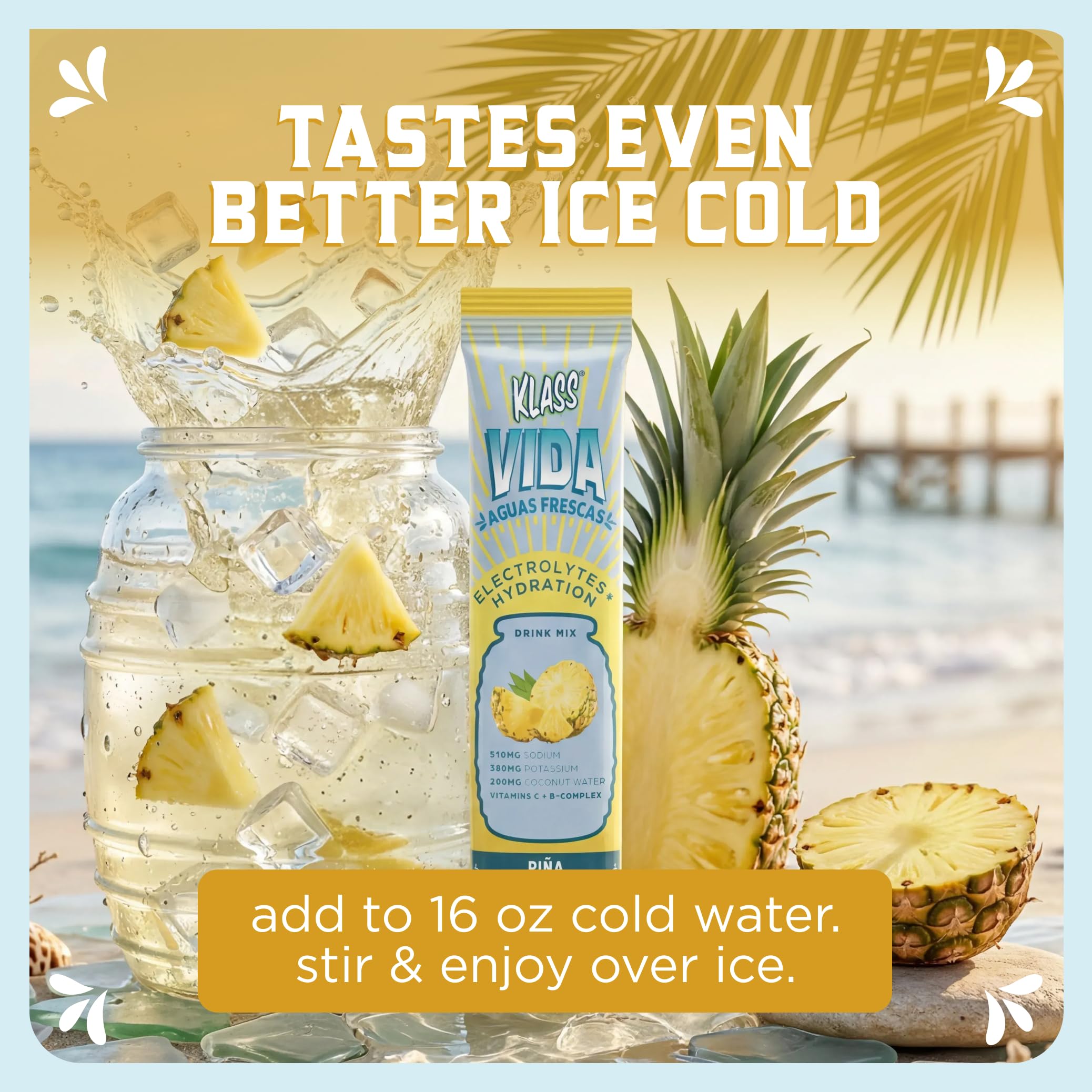 KLASS VIDA Daily Hydration Pineapple Agua Fresca Electrolyte Powder Packets | Sugar Free Electrolyte Drink Mix | Hydration Packets with Coconut Water & Minerals | 15 Stick Packs