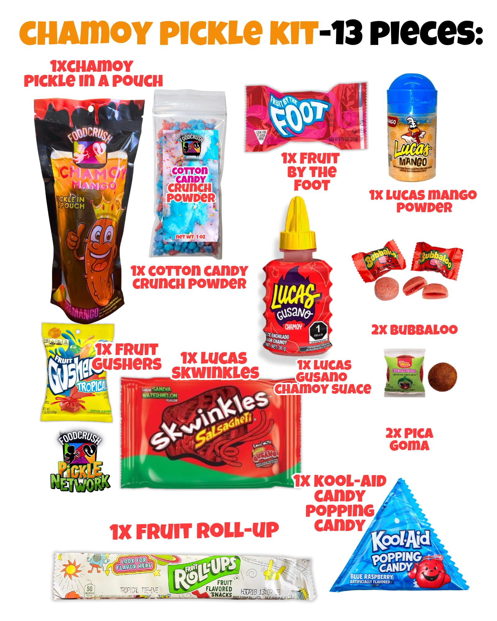 Blue Raspberry Pickle Kit With Takis-Mexican Candy Gift Box From Tiktok Fruit Rollup, Lucas Gusano Chamoy, Lucas Swinkles Salsagheti, Gushers, Mango Candy Powder-Tiktok Trend Item by Food Crush
