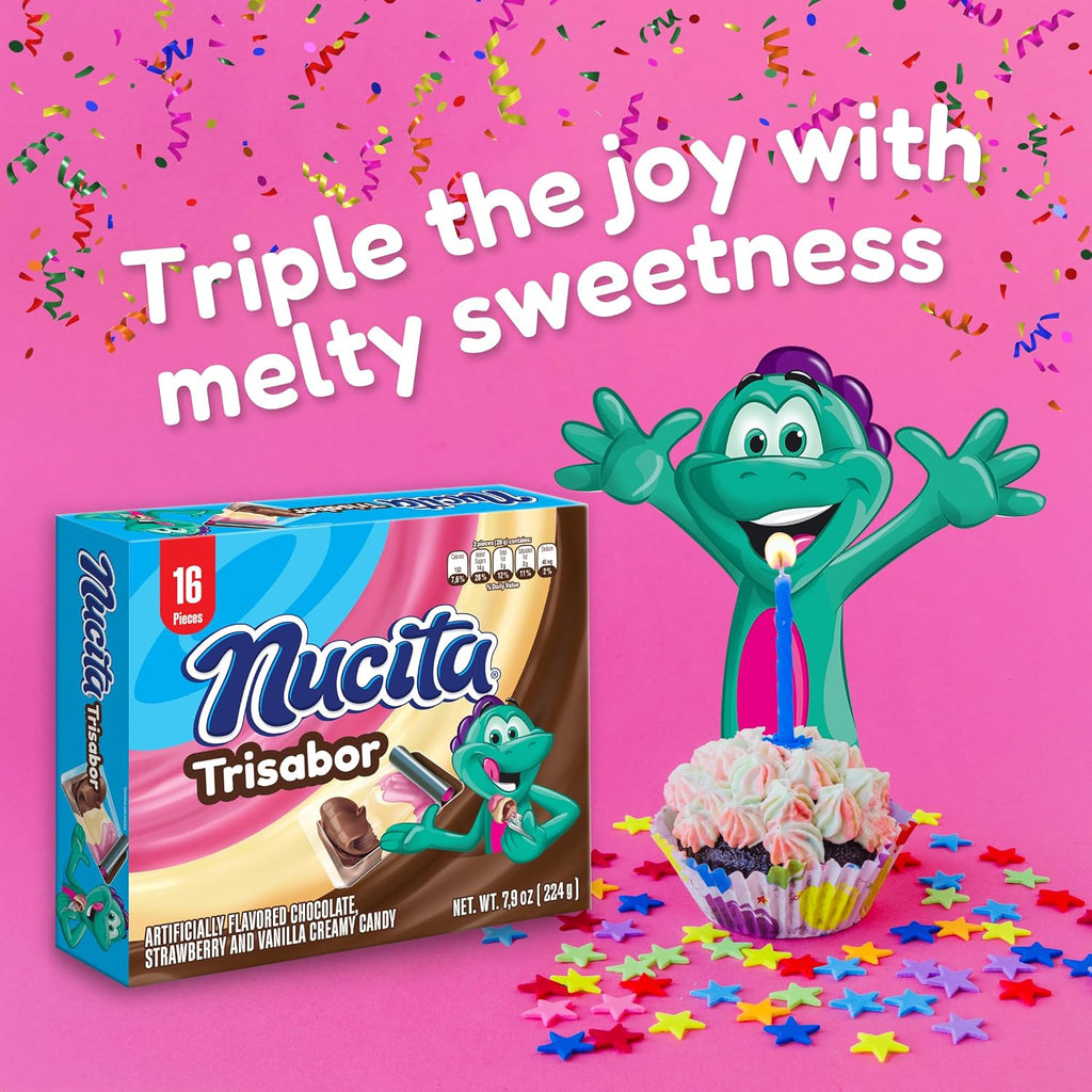 Nucita Trisabor, 3-Flavor Creamy Candy, 7.9 oz (16 Pack) | Chocolate, Strawberry & Vanilla Spreadable Candy