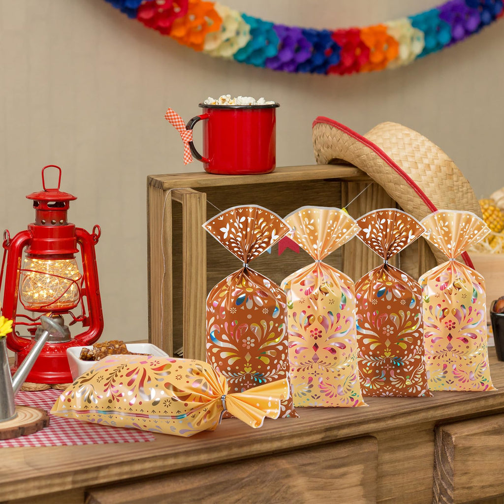 Funrous 100 Pcs Cielito Lindo Candy Bags Mexican Fiesta Gift Bags with Twist Ties Cinco De Mayo Party Favors Barro Candy Sack Talavera Sack for Mexican Wedding Fiesta Party Supplies(Brown Series)