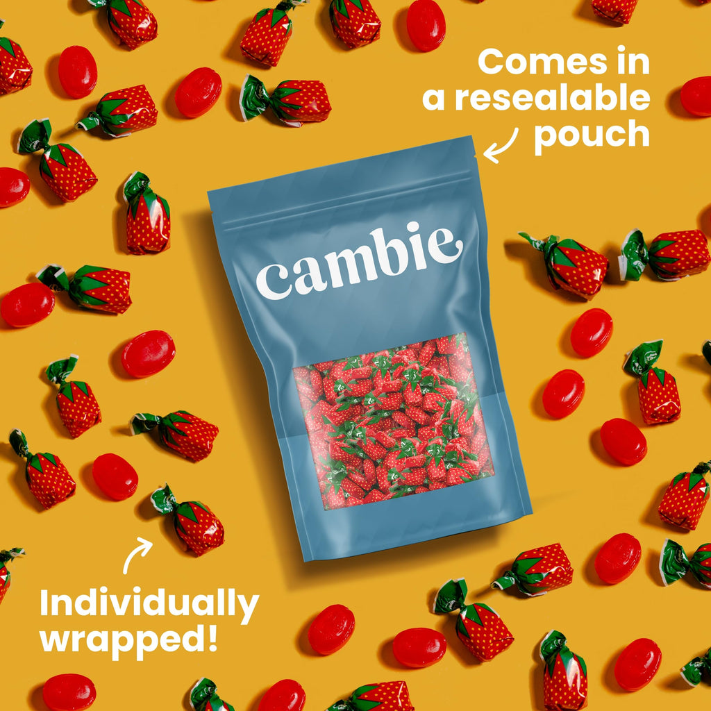 Strawberry Hard Candy Individually Wrapped by Cambie, 2 lbs of Strawberry Candy with a Deliciously Sweet Hard Exterior with a Soft, Fruit-Filled Center