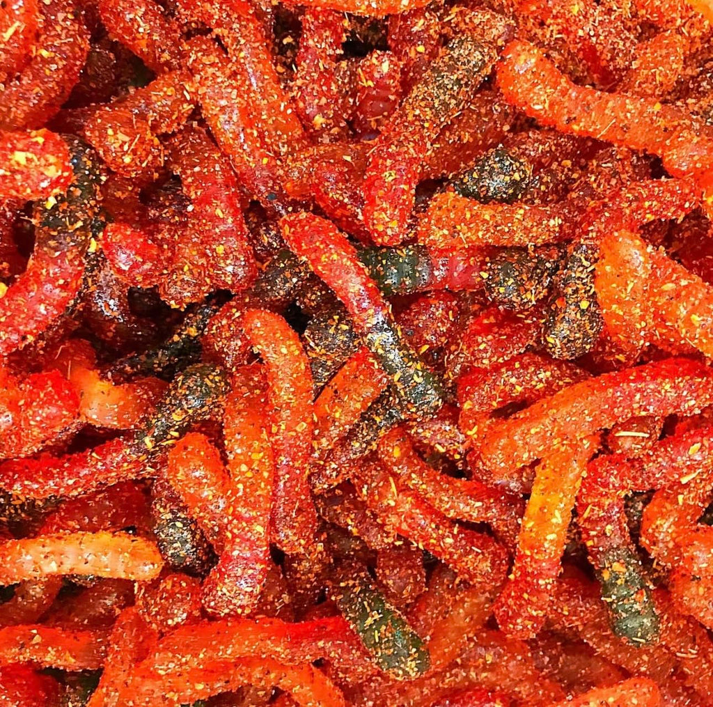 bloody gummy worms mexican dulces enchilados w/chamoy dip 11oz