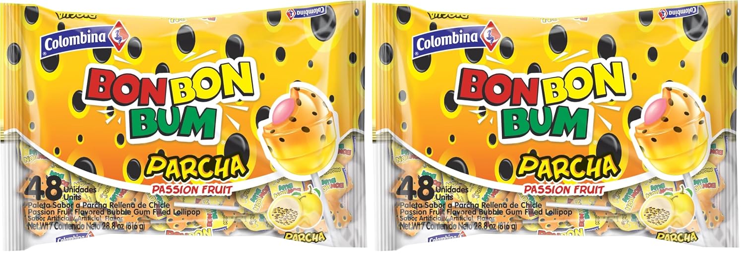 Colombina Bon Bon Bum Passion Fruit Lollipops, Tropical Fruit Hard Candy, Individually Wrapped Candy Pops for Parties, Candy Bowl Refill, Office or Classroom Rewards, 24 Count