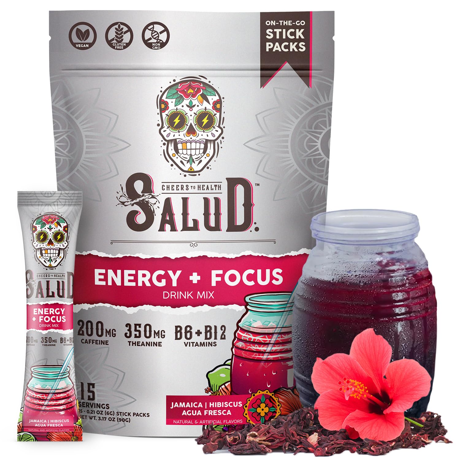 Salud x Jarritos 2-in-1 Energy Drink Powder + Focus, Lime, Organic Caffeine, B6 + B12, Theanine, Clean Energy Drink Packets, Limon Agua Fresca Mix, Non-GMO, Gluten Free, 1g of Sugar, (15 Servings)