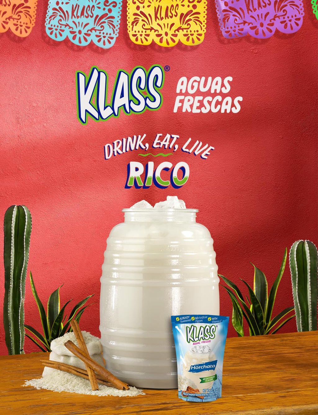 Klass Aguas Frescas Drink Mix Mexican Variety Pack - Horchata Limeade Hibiscus & Tamarind - Powder Drink Mix, Water Drink Mix with Natural Flavors & Vitamin C, Makes 28 to 36 Quarts (56 to 72 Drinks)
