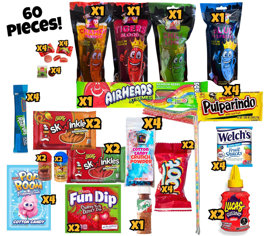 Chamoy Pickle Kit Monster 60 Piece Candy Gift Box Variety Pack from Tiktok-Cotton candy pop rocks, fruit roll-ups, Lucas Gusano, Skwinkles, gifts for kids teen teens girls boys bf gf birthday easter