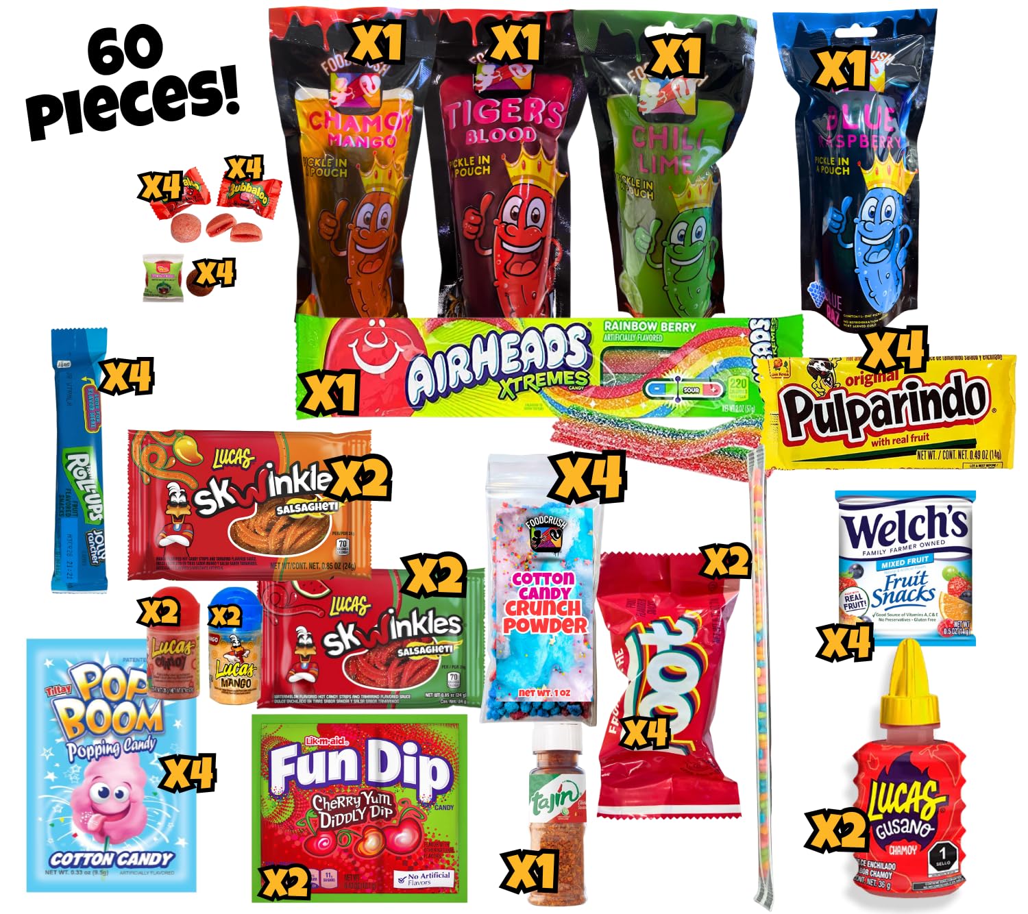 Chamoy Pickle Kit Monster 60 Piece Candy Gift Box Variety Pack from Tiktok-Cotton candy pop rocks, fruit roll-ups, Lucas Gusano, Skwinkles, gifts for kids teen teens girls boys bf gf birthday easter