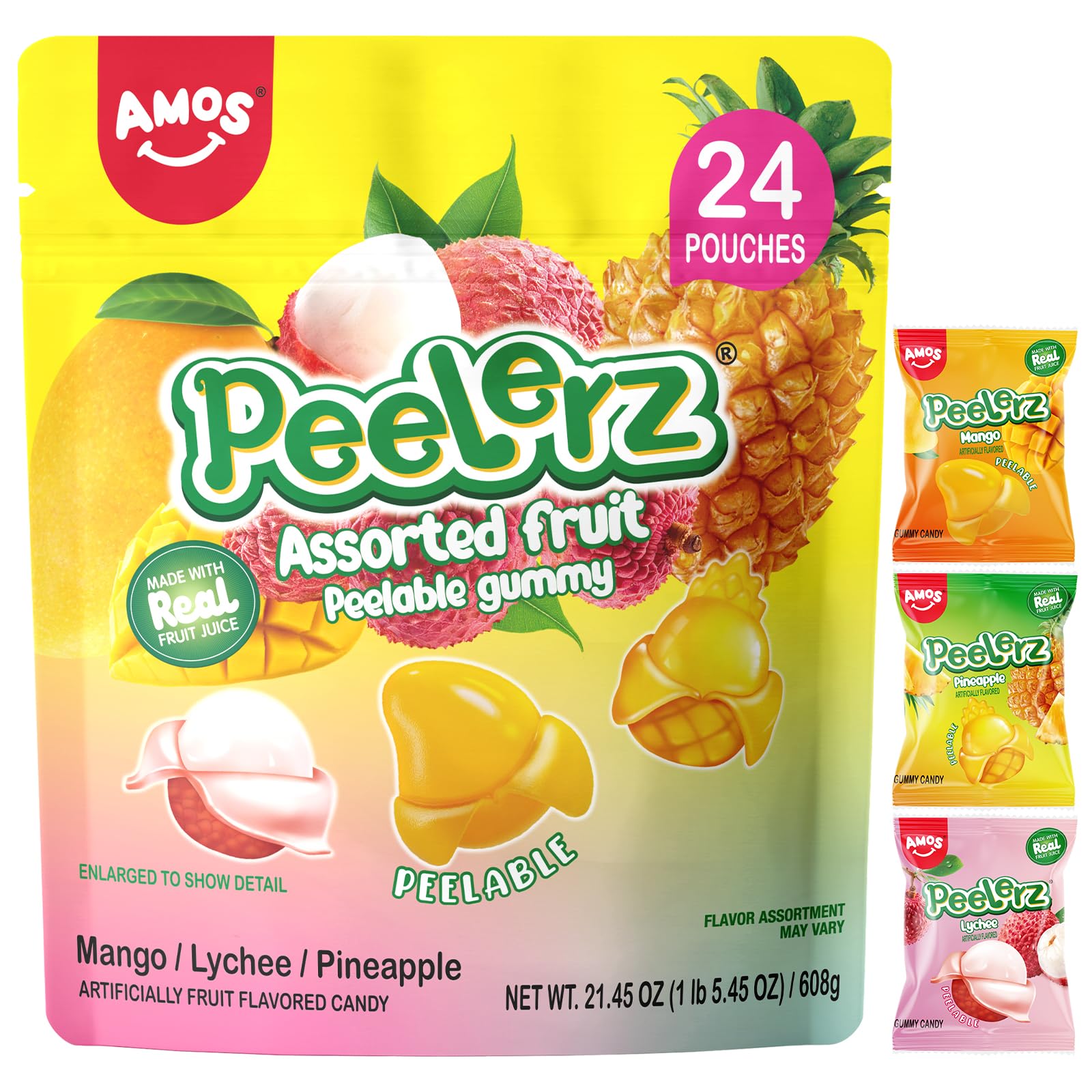 AMOS Peelerz Chili Mango Peelable Gummy Candy, Spicy Sweet Mango Flavor, Real Fruit Juice Infused, 8.47 OZ (240g)