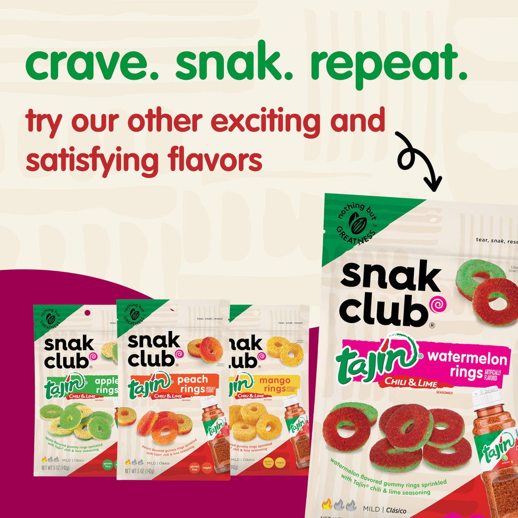 Snak Club Tajin Watermelon Rings, Chili & Lime Gummy Snacks, Mild in Heat Bold in Flavor, Gluten-Free Snack, 2.25oz,(Pack of 12)