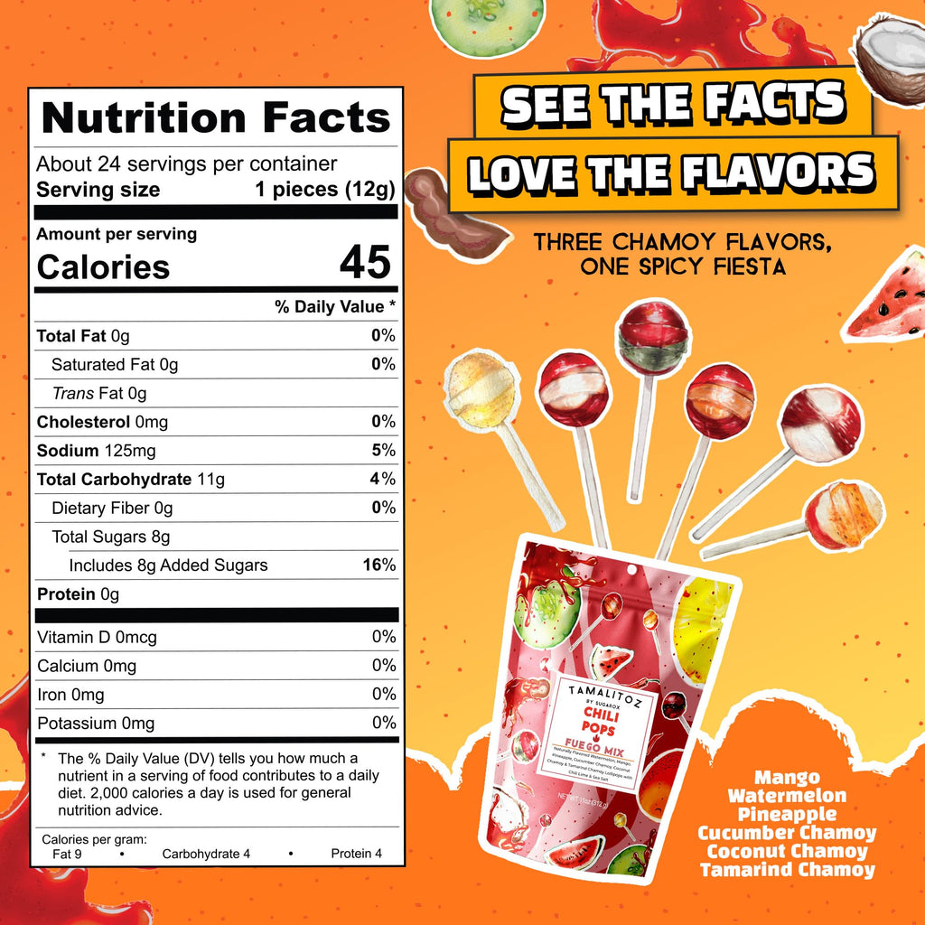 Tamalitoz Chili Pops Chamoy Spicy Mexican Lollipops with Chili, Lime, Sea Salt, Coconut, Tamarind & Cucumber Flavors Fruity Handcrafted Candy, Gluten-Free, Kosher, 2 Bags, (11oz)