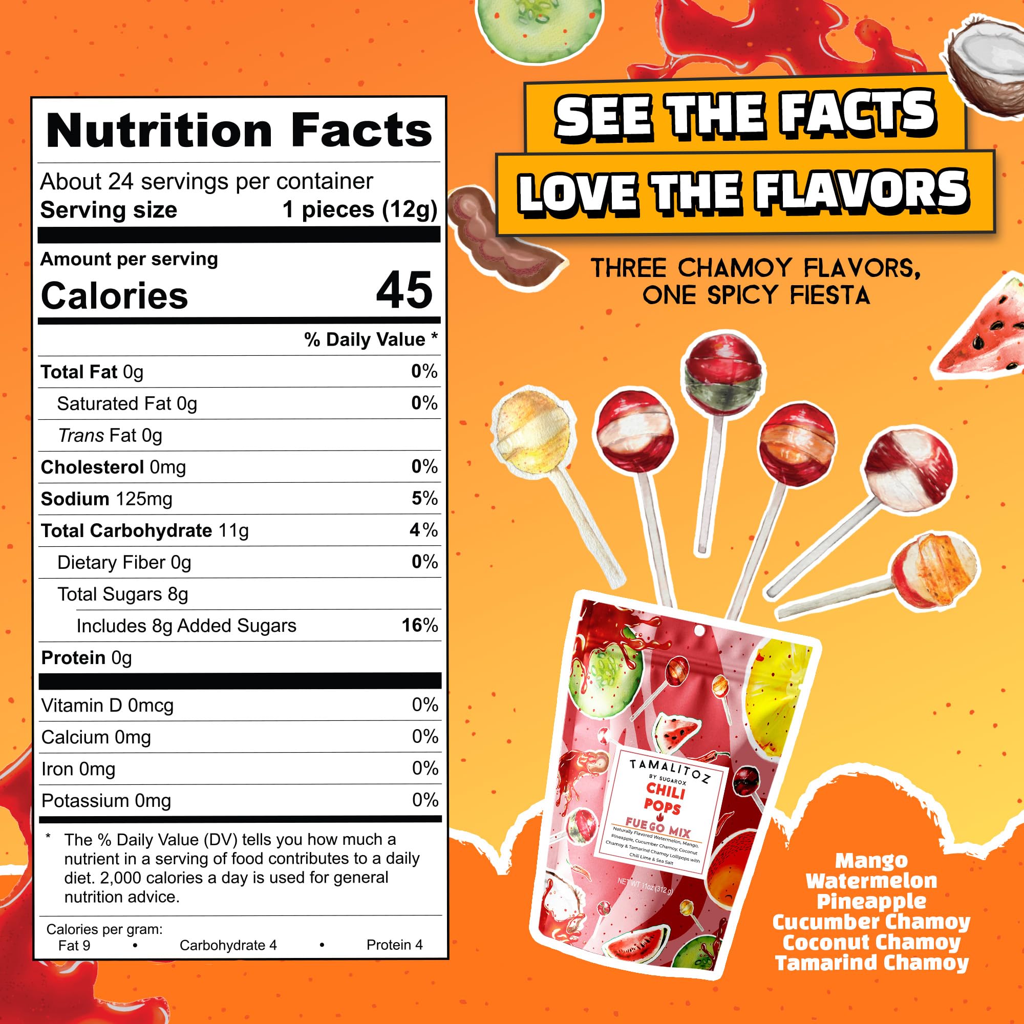 Tamalitoz Chili Pops Chamoy Spicy Mexican Lollipops with Chili, Lime, Sea Salt, Coconut, Tamarind & Cucumber Flavors Fruity Handcrafted Candy, Gluten-Free, Kosher, 2 Bags, (11oz)