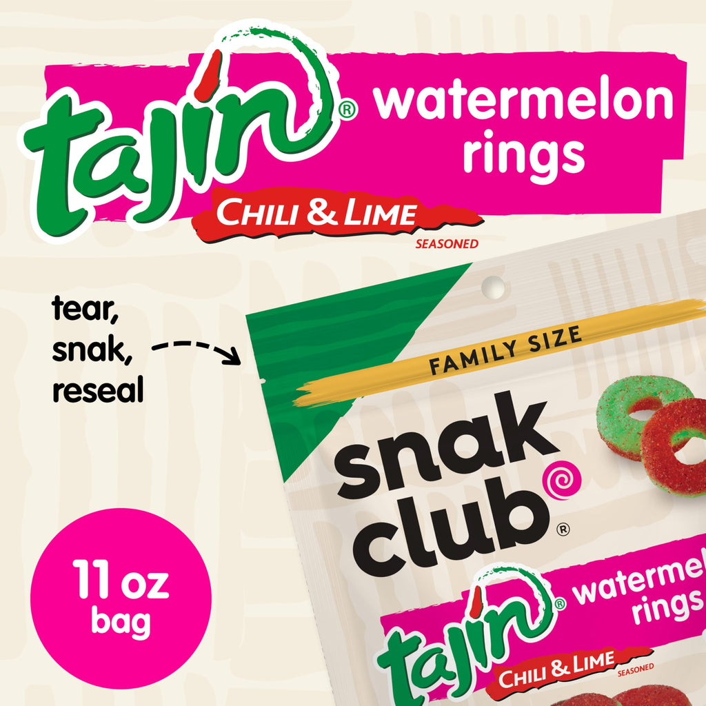 Snak Club Tajin Mango Rings Gummy Candy, Fruit Candy Gummies with Chili and Lime Seasoning, Mild, Gluten-Free and Vegan Snacks, 11 oz Resealable Bag
