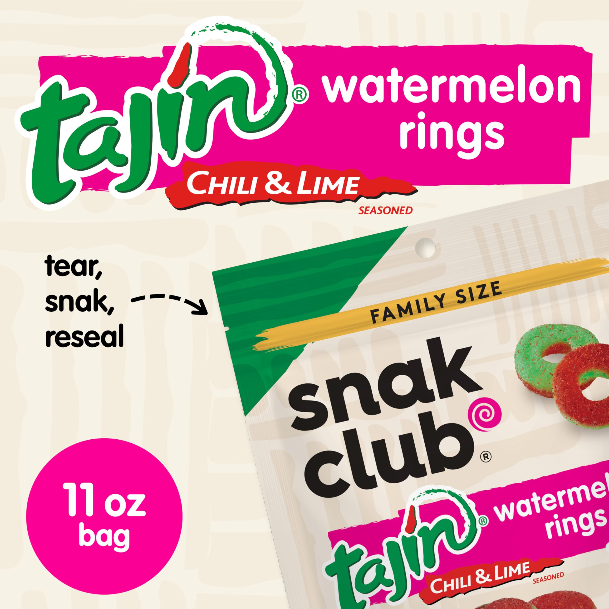 Snak Club Tajin Mango Rings Gummy Candy, Fruit Candy Gummies with Chili and Lime Seasoning, Mild, Gluten-Free and Vegan Snacks, 11 oz Resealable Bag