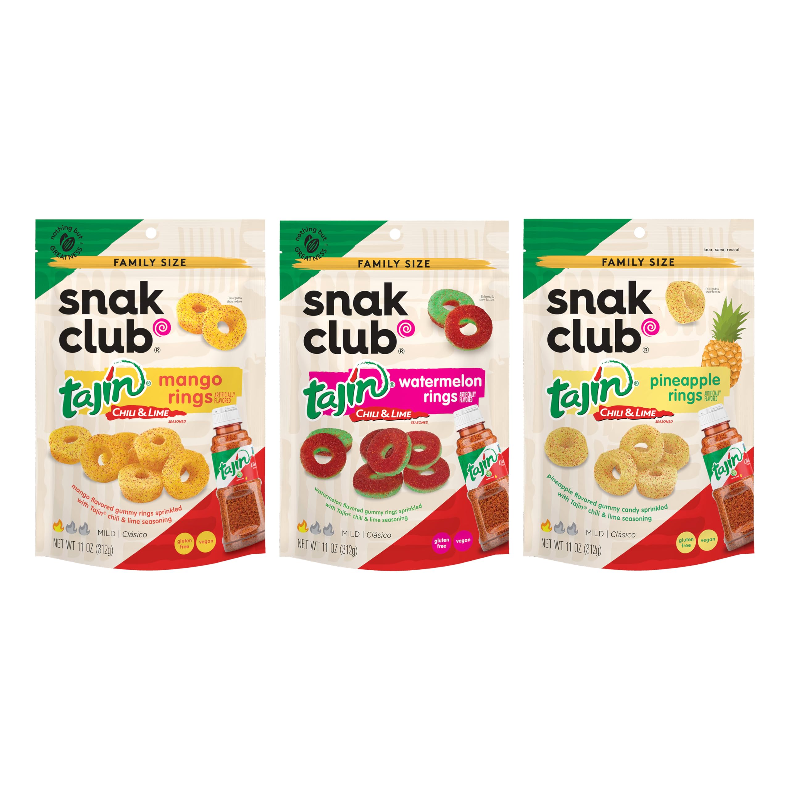 Snak Club Tajin Pineapple Rings Gummy Candy, Fruit Candy Gummies with Chili and Lime Seasoning, Mild, Gluten-Free and Vegan Snacks, 11 oz Resealable Bag