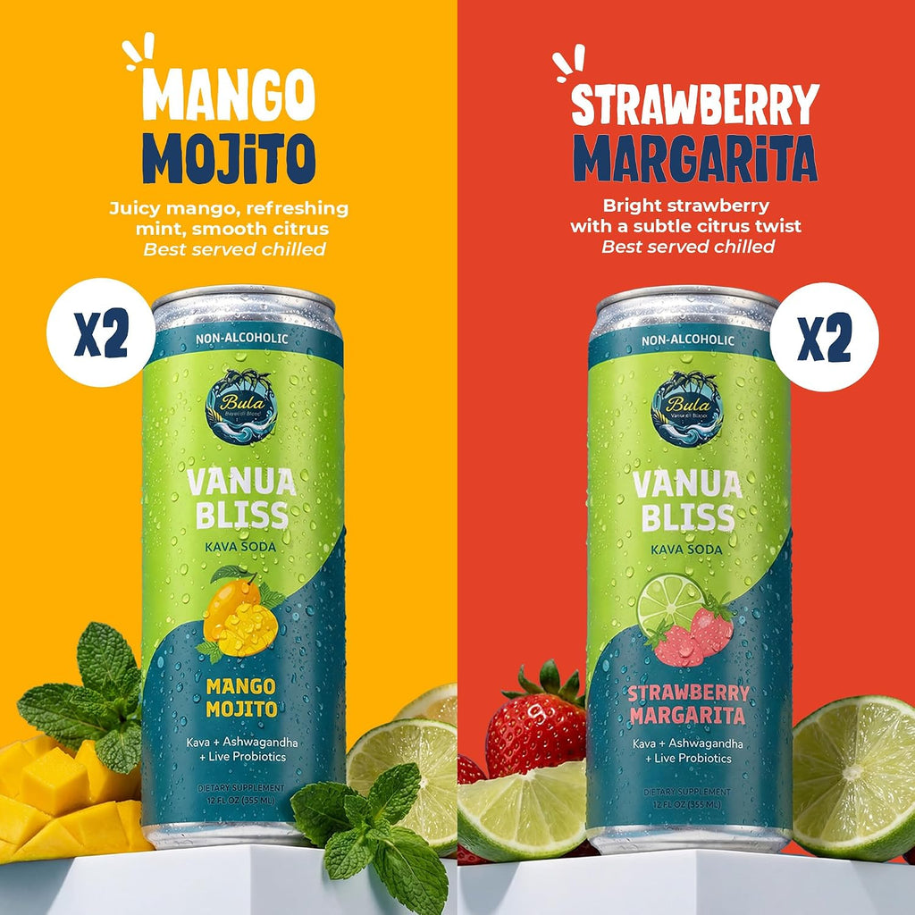 Bula Kava Drink Sparkling Relaxation Variety Pack – Non-Alcoholic Seltzer Mango Mojito & Strawberry Margarita 4x12oz – Probiotic Refreshing Kava Soda with Ashwagandha – Vegan, Non-GMO, Low Sugar