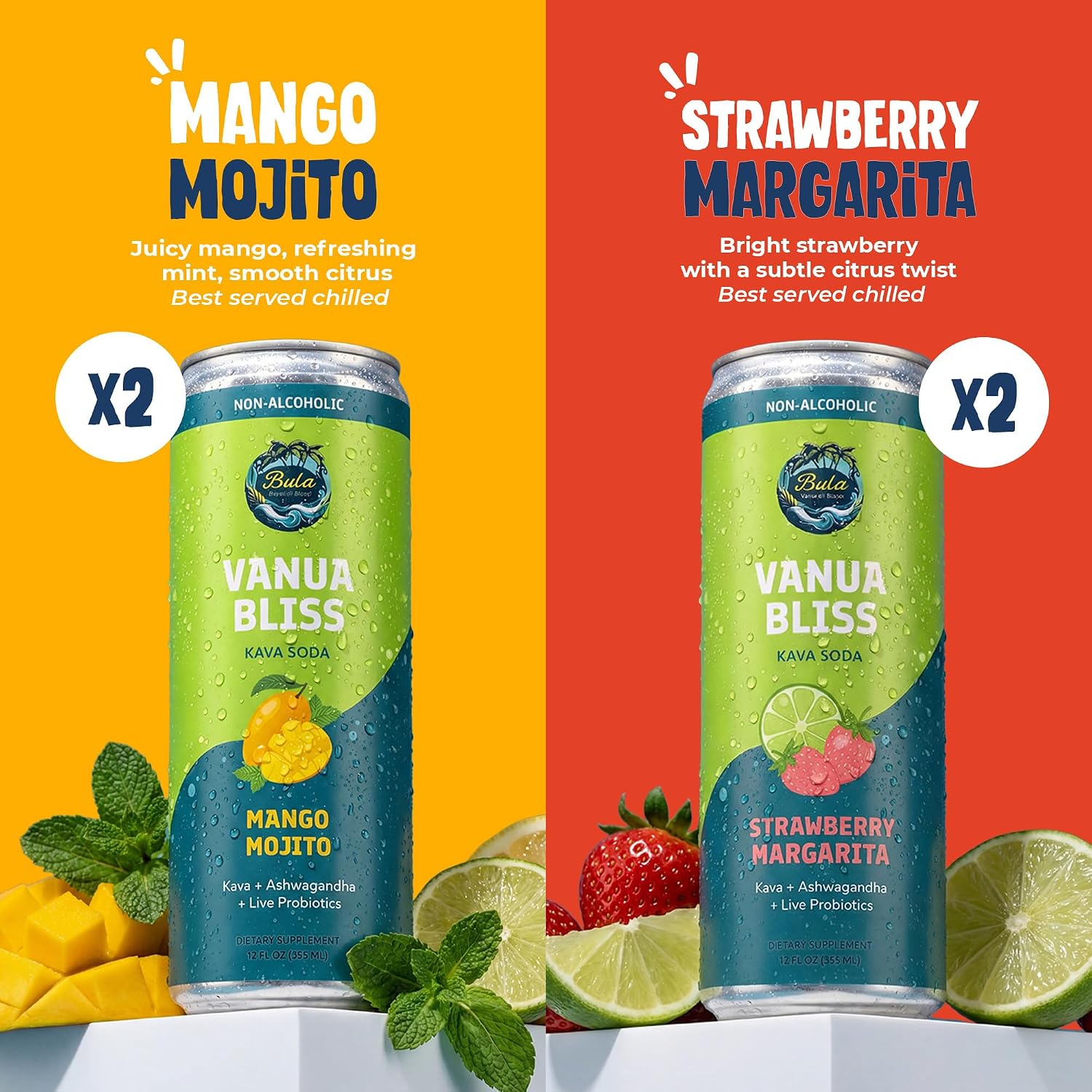Bula Kava Drink Sparkling Relaxation Variety Pack – Non-Alcoholic Seltzer Mango Mojito & Strawberry Margarita 4x12oz – Probiotic Refreshing Kava Soda with Ashwagandha – Vegan, Non-GMO, Low Sugar