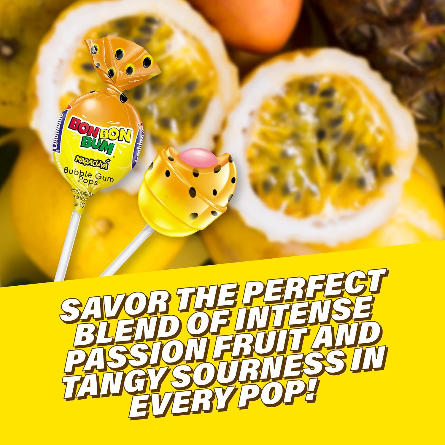 Colombina Bon Bon Bum Passion Fruit Lollipops, Tropical Fruit Hard Candy, Individually Wrapped Candy Pops for Parties, Candy Bowl Refill, Office or Classroom Rewards, 24 Count
