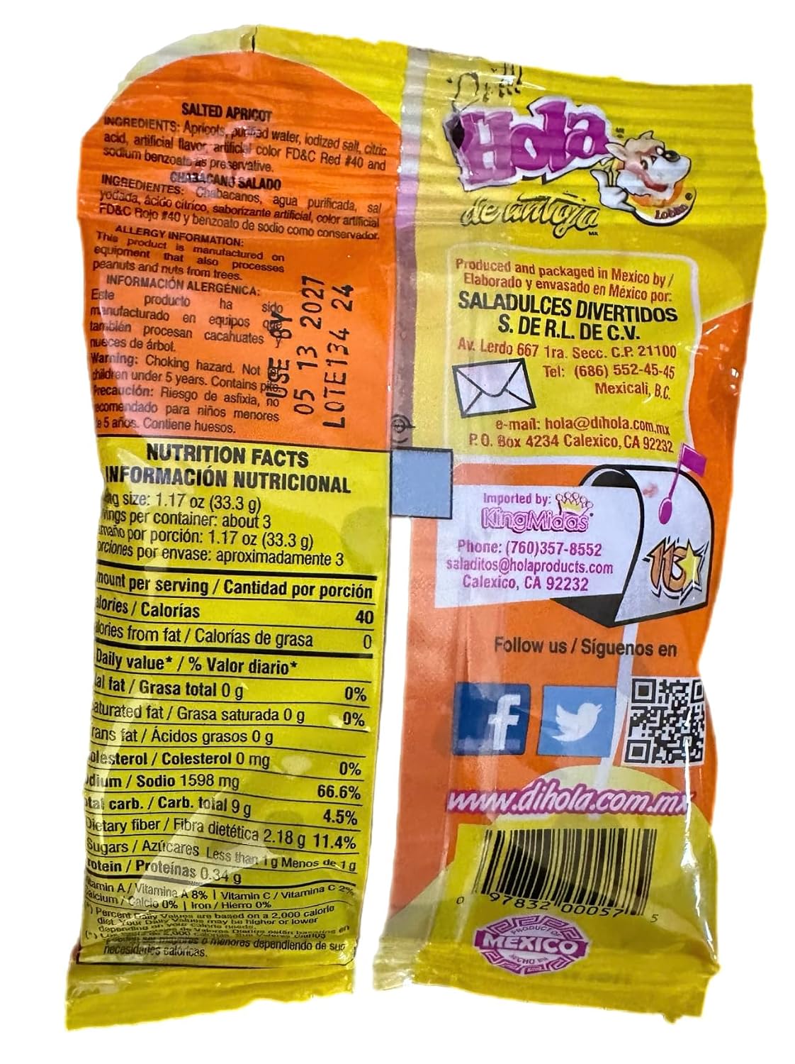 Hola Lobito Chamoy Rojo Salted Apricots 3.5oz Pack of 4