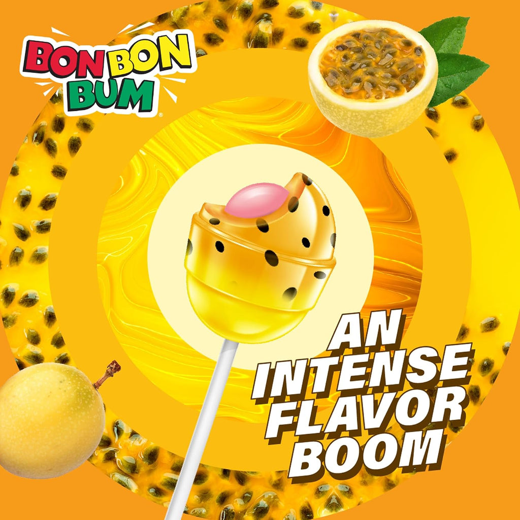 Colombina Bon Bon Bum Passion Fruit Lollipops, Tropical Fruit Hard Candy, Individually Wrapped Candy Pops for Parties, Candy Bowl Refill, Office or Classroom Rewards, 24 Count