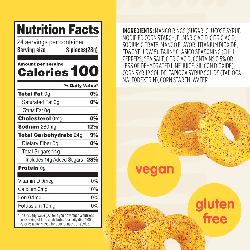 Snak Club Tajin Mango Rings Gummy Candy, Fruit Candy Gummies with Chili and Lime Seasoning, Mild, Gluten-Free and Vegan Snacks, 11 oz Resealable Bag