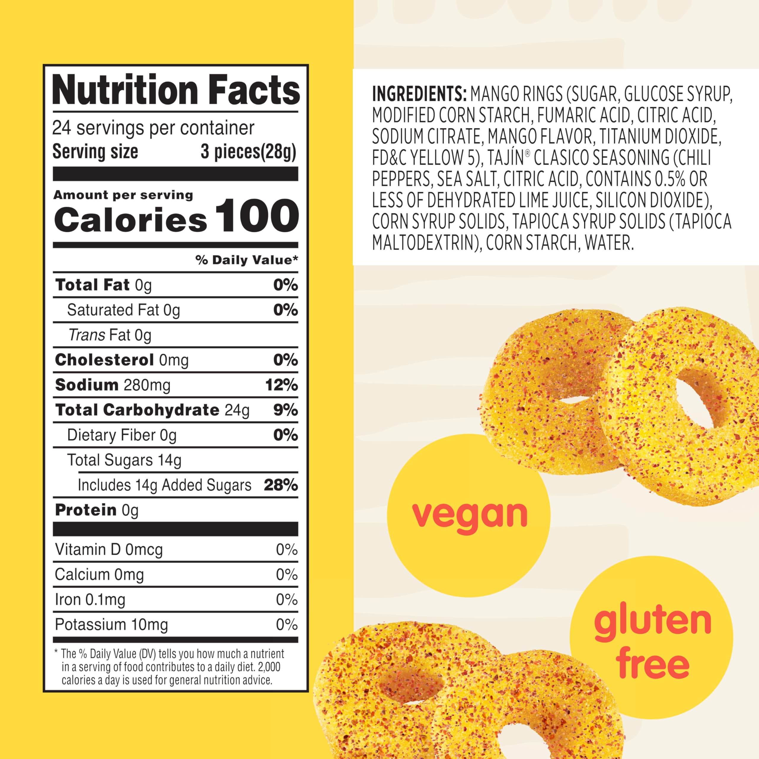 Snak Club Tajin Mango Rings Gummy Candy, Fruit Candy Gummies with Chili and Lime Seasoning, Mild, Gluten-Free and Vegan Snacks, 11 oz Resealable Bag