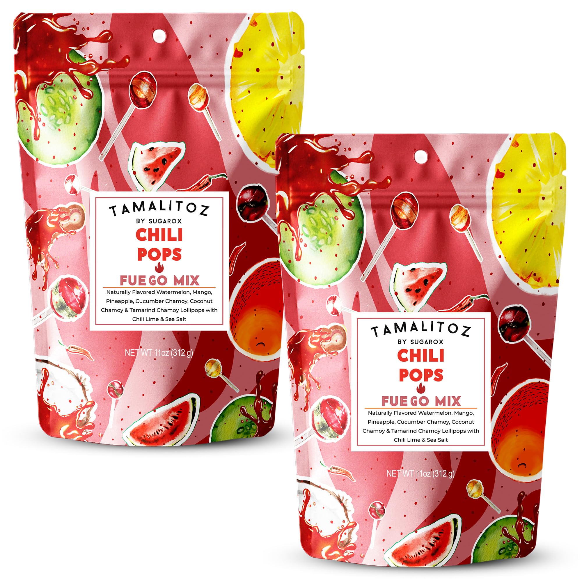 Tamalitoz Chili Pops Chamoy Spicy Mexican Lollipops with Chili, Lime, Sea Salt, Coconut, Tamarind & Cucumber Flavors Fruity Handcrafted Candy, Gluten-Free, Kosher, 2 Bags, (11oz)