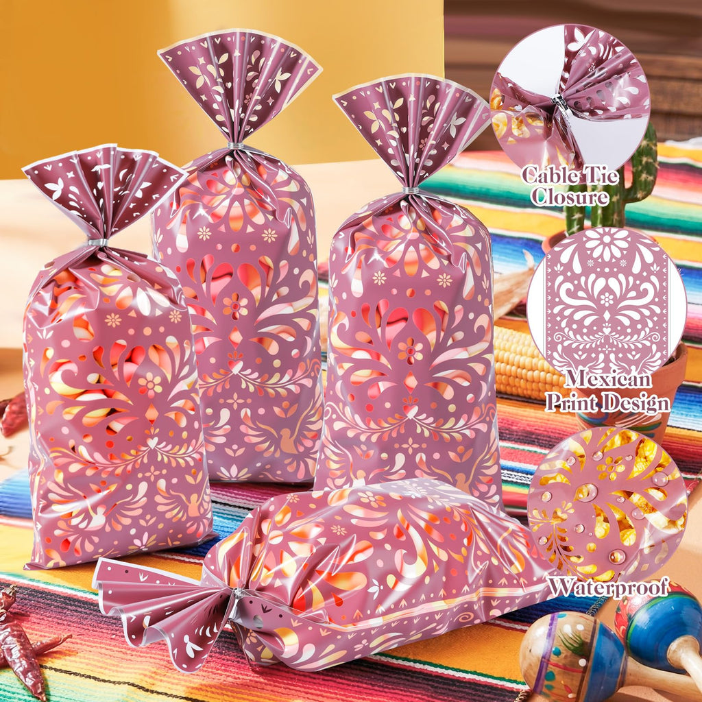 Funrous 100 Pcs Cielito Lindo Candy Bags Mexican Fiesta Gift Bags with Twist Ties Cinco De Mayo Party Favors Barro Candy Sack Talavera Sack for Mexican Wedding Fiesta Party Supplies(Brown Series)