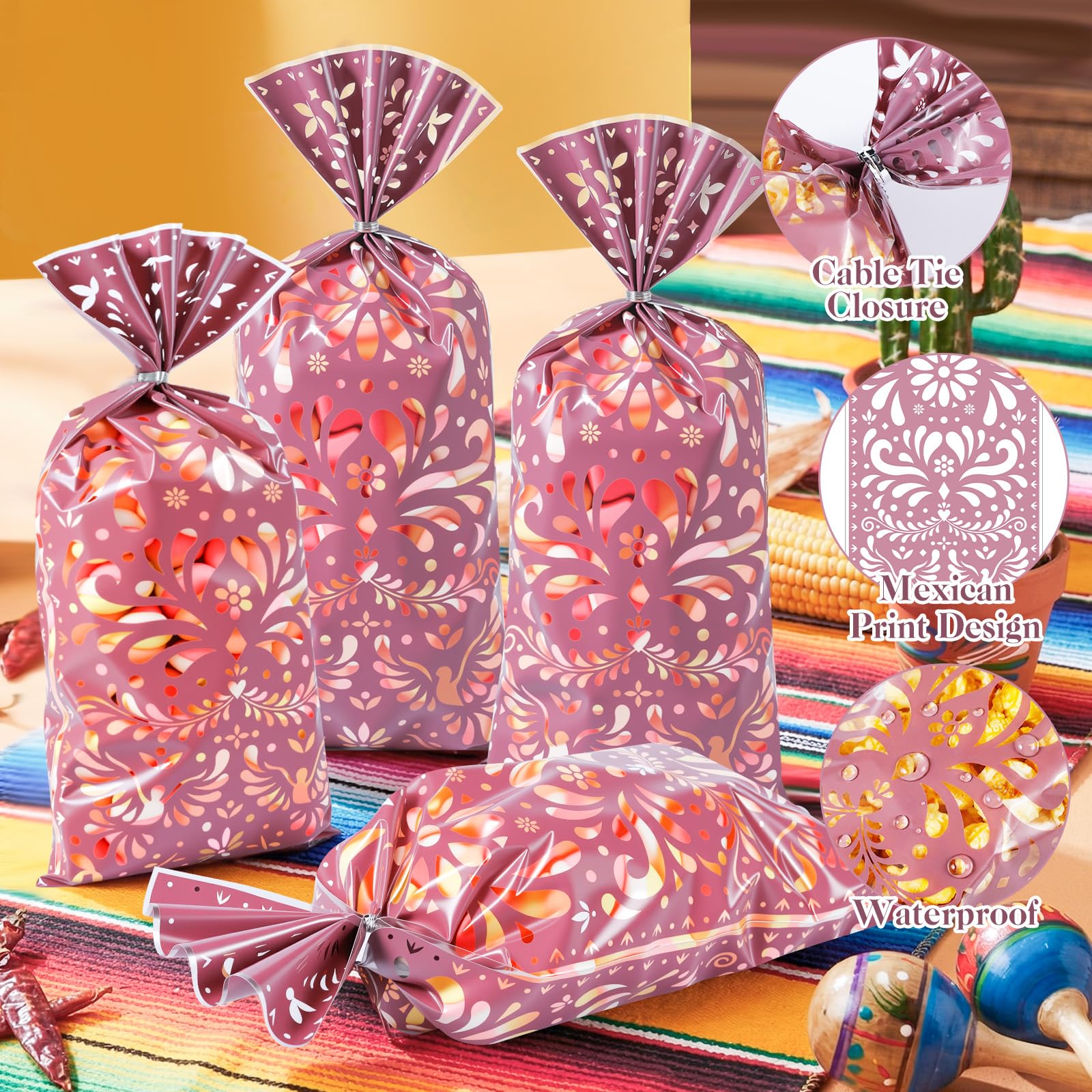 Funrous 100 Pcs Cielito Lindo Candy Bags Mexican Fiesta Gift Bags with Twist Ties Cinco De Mayo Party Favors Barro Candy Sack Talavera Sack for Mexican Wedding Fiesta Party Supplies(Brown Series)