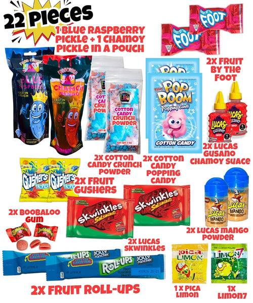 Ashley Dashley's-Chamoy Pickle Kit + Blue Raspberry Pickle Gift Pouch-w/Cotton Candy Crunch Powder, Fruit Roll Ups-Tiktok Trend Items by FoodCrush
