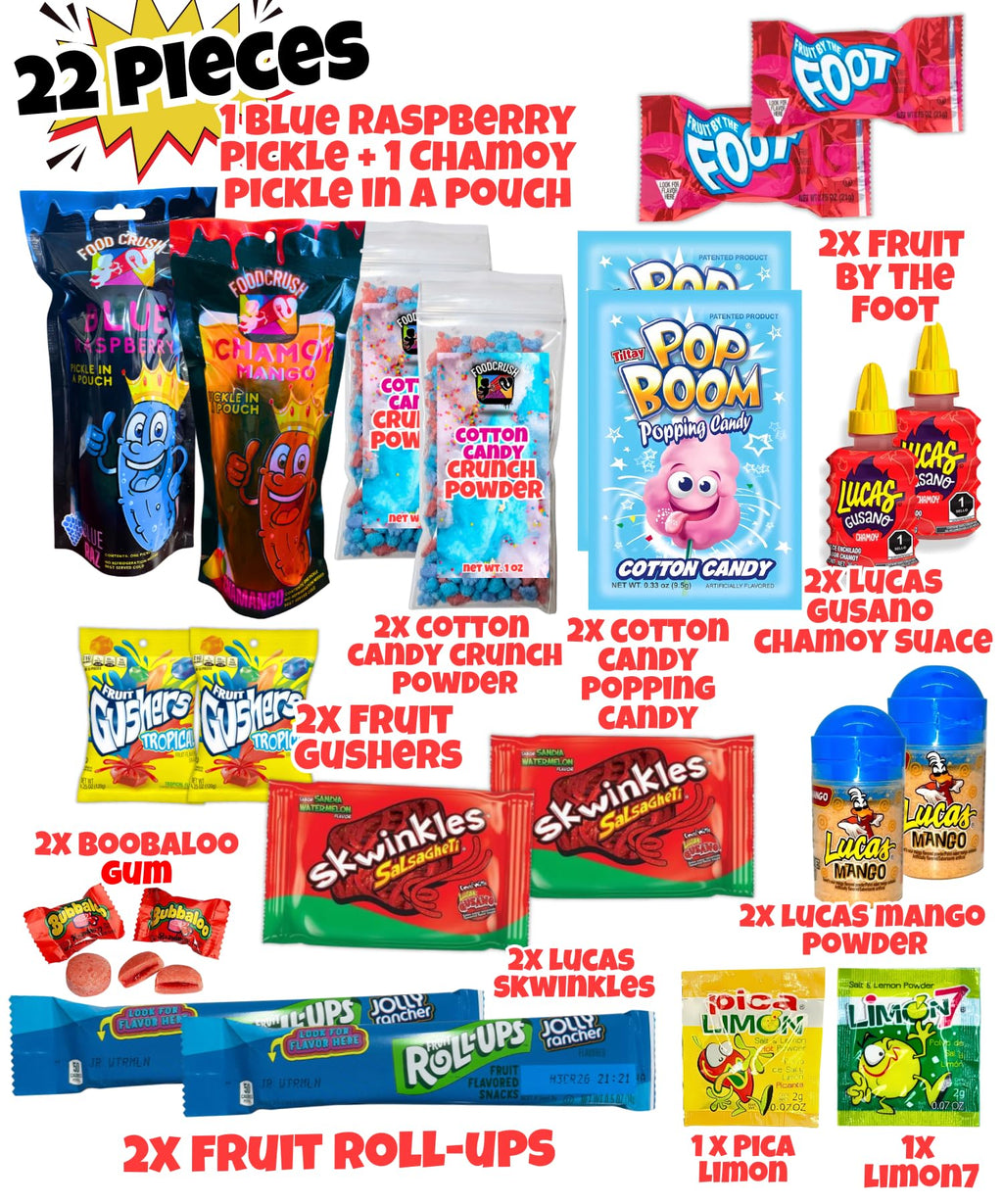Chamoy Pickle Kit For 2 + Blue Raspberry Pickle Kit-(22 Pieces) Tiktok Candy Gift w Fruit Roll ups, skwinkles & other Mexican candy. Christmas gifts for kids, teen girl, boy