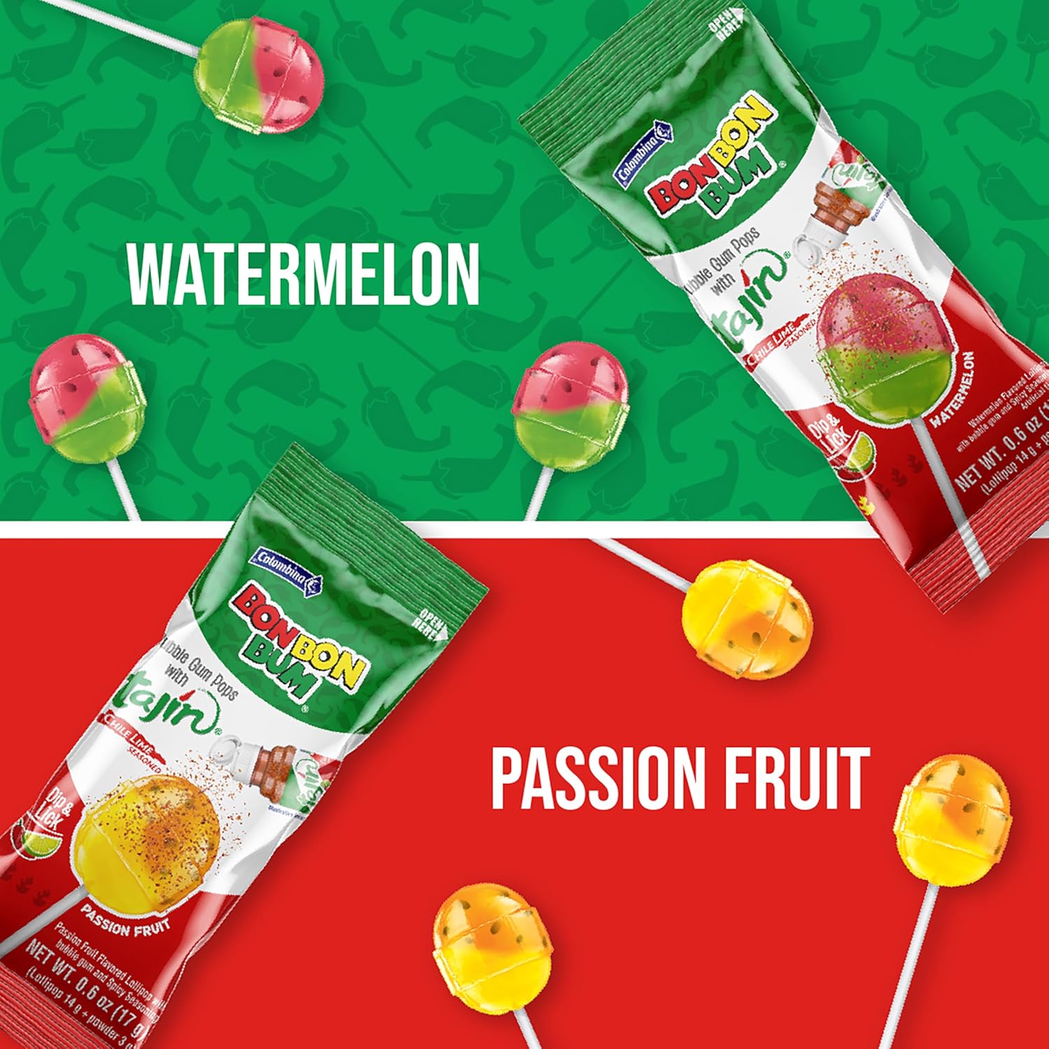 Colombina Bon Bon Bum Tropical Passion Fruit & Watermelon with Tajin Seasoning Chile Lime Dip, 20 Count (Pack of 1)