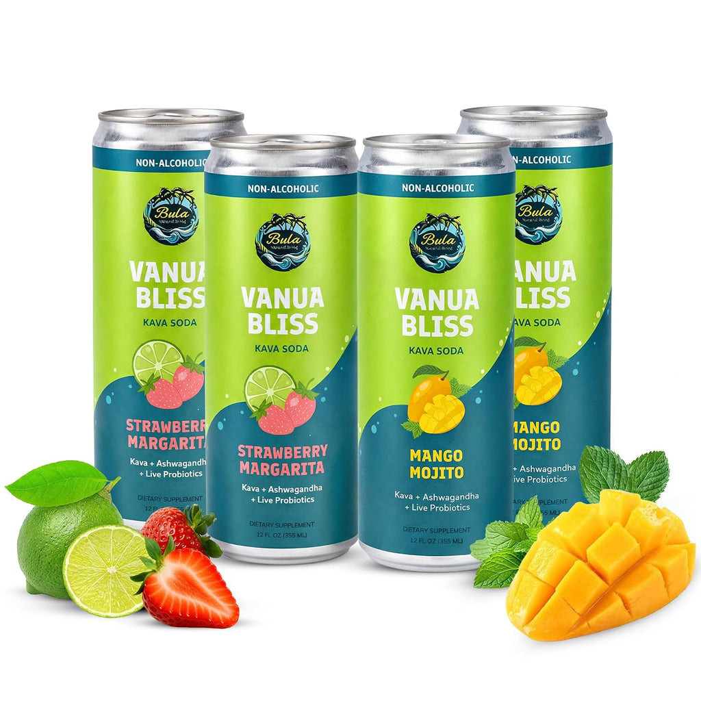 Bula Kava Drink Sparkling Relaxation Variety Pack – Non-Alcoholic Seltzer Mango Mojito & Strawberry Margarita 4x12oz – Probiotic Refreshing Kava Soda with Ashwagandha – Vegan, Non-GMO, Low Sugar