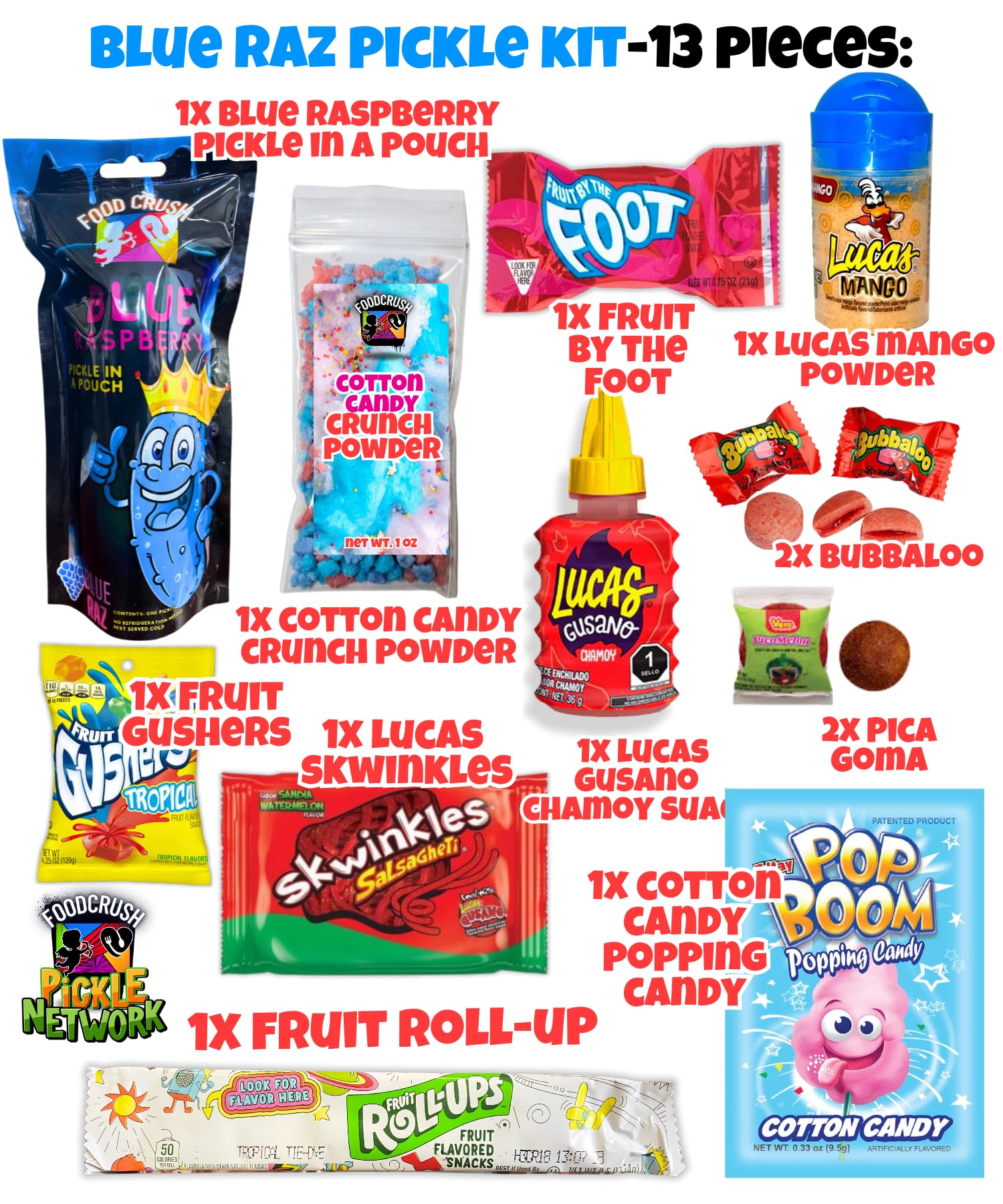 Blue Raspberry Pickle Kit With Takis-Mexican Candy Gift Box From Tiktok Fruit Rollup, Lucas Gusano Chamoy, Lucas Swinkles Salsagheti, Gushers, Mango Candy Powder-Tiktok Trend Item by Food Crush