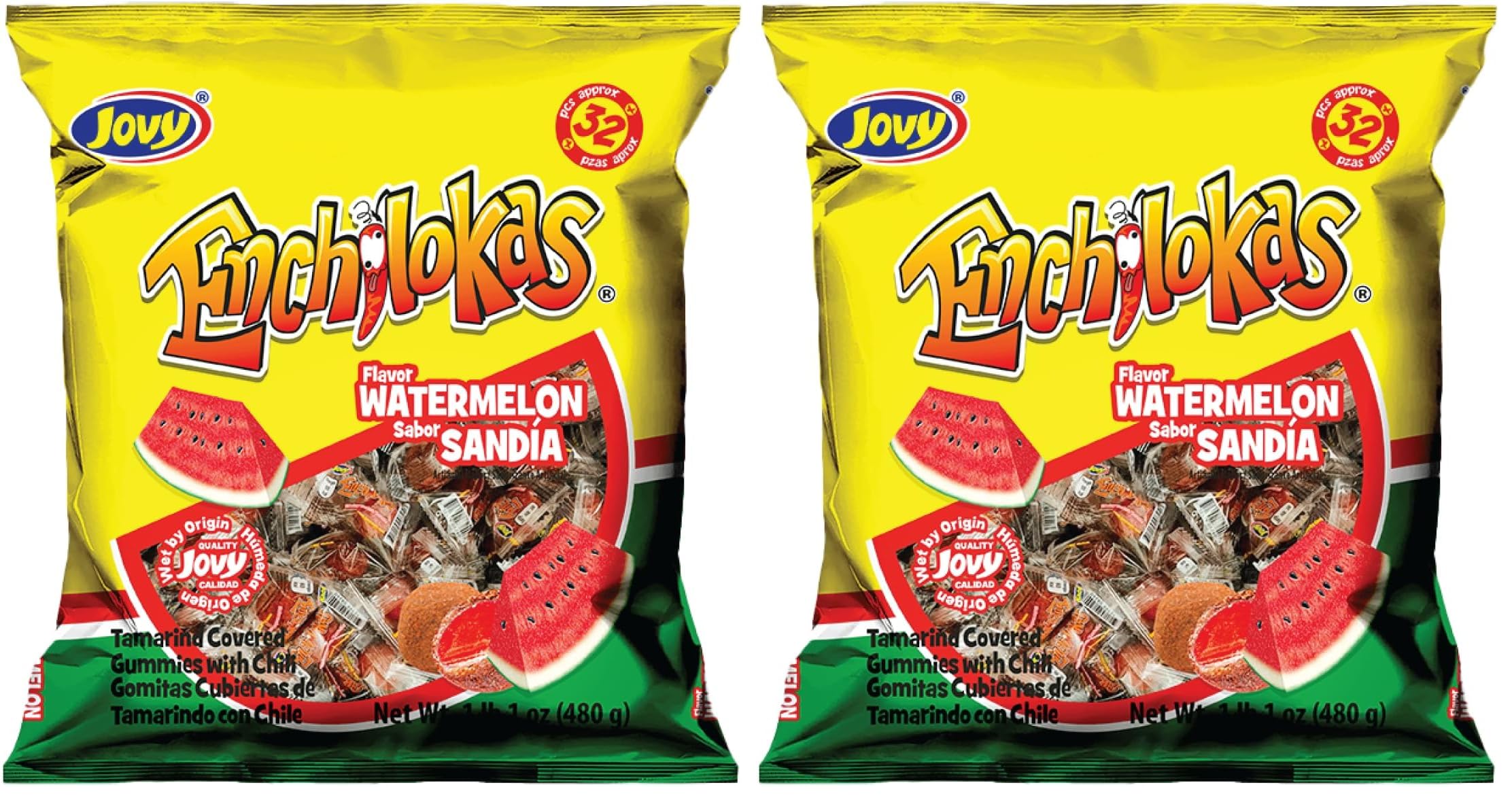 Jovy Enchilokas Candy. Mango Flavored Tamarind Covered Gummies With Chili. Net wt 1-lb 1-oz