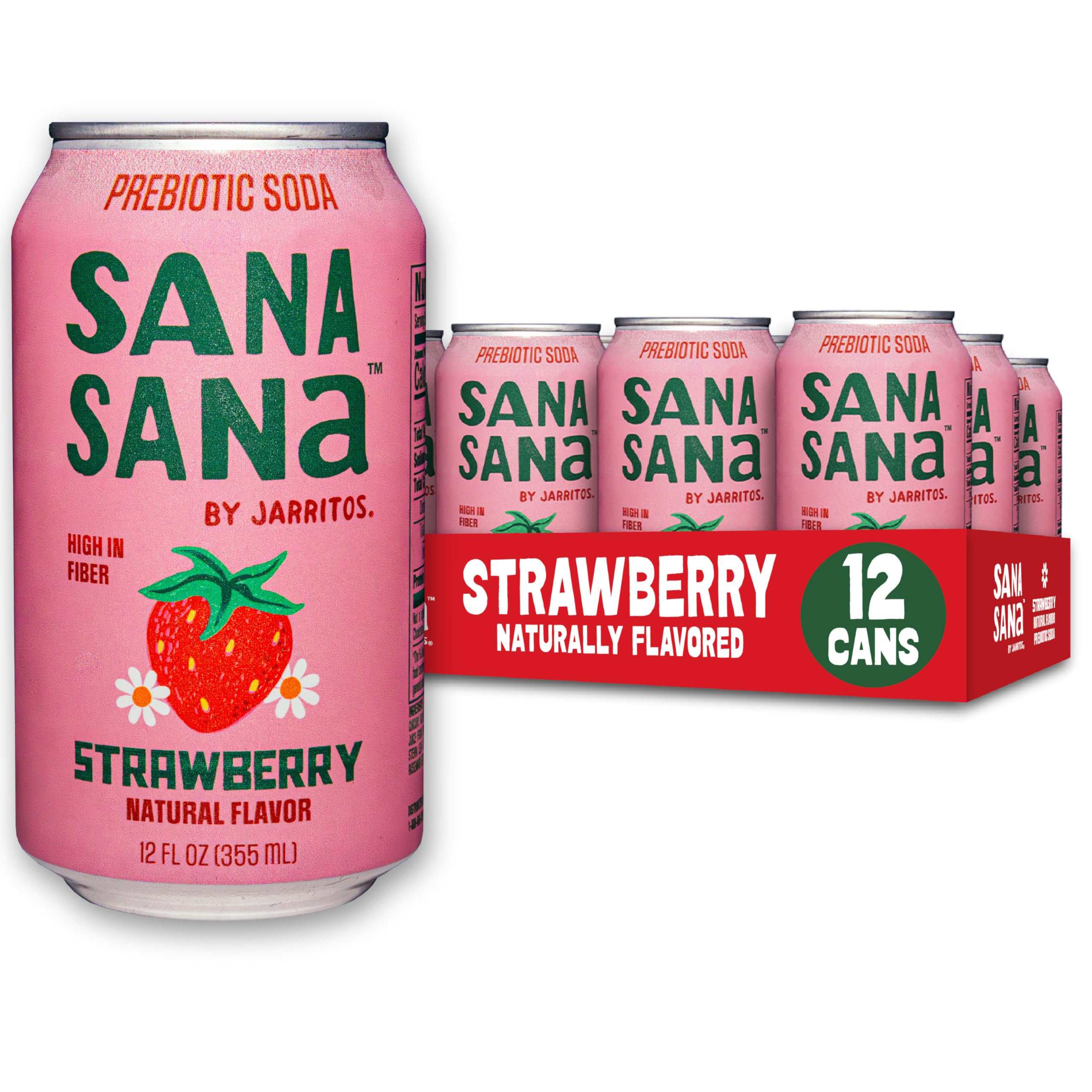 Sana Sana by Jarritos - Mexican Prebiotic Soda Soft Drinks, Guava (12 oz, 355ml) 12 Cans - 40 Calories, 10g of Fiber - Low Sugar - Natural Flavor Soda Pop
