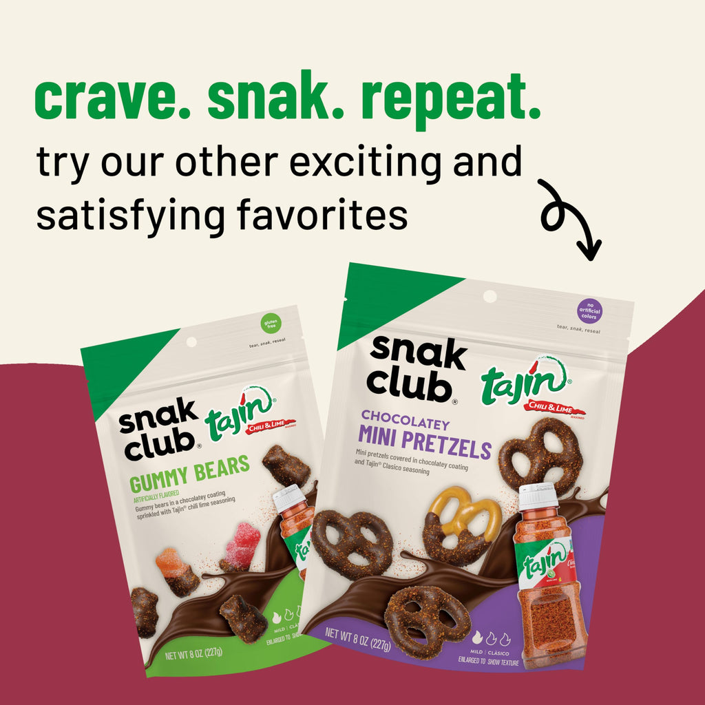 Snak Club Tajin Chocolatey Gummy Bears, Assorted Chocolate Covered Fruit Candy Gummies with Chili and Lime Seasoning, Mild, Gluten-Free Snacks, 8 oz Resealable Bag