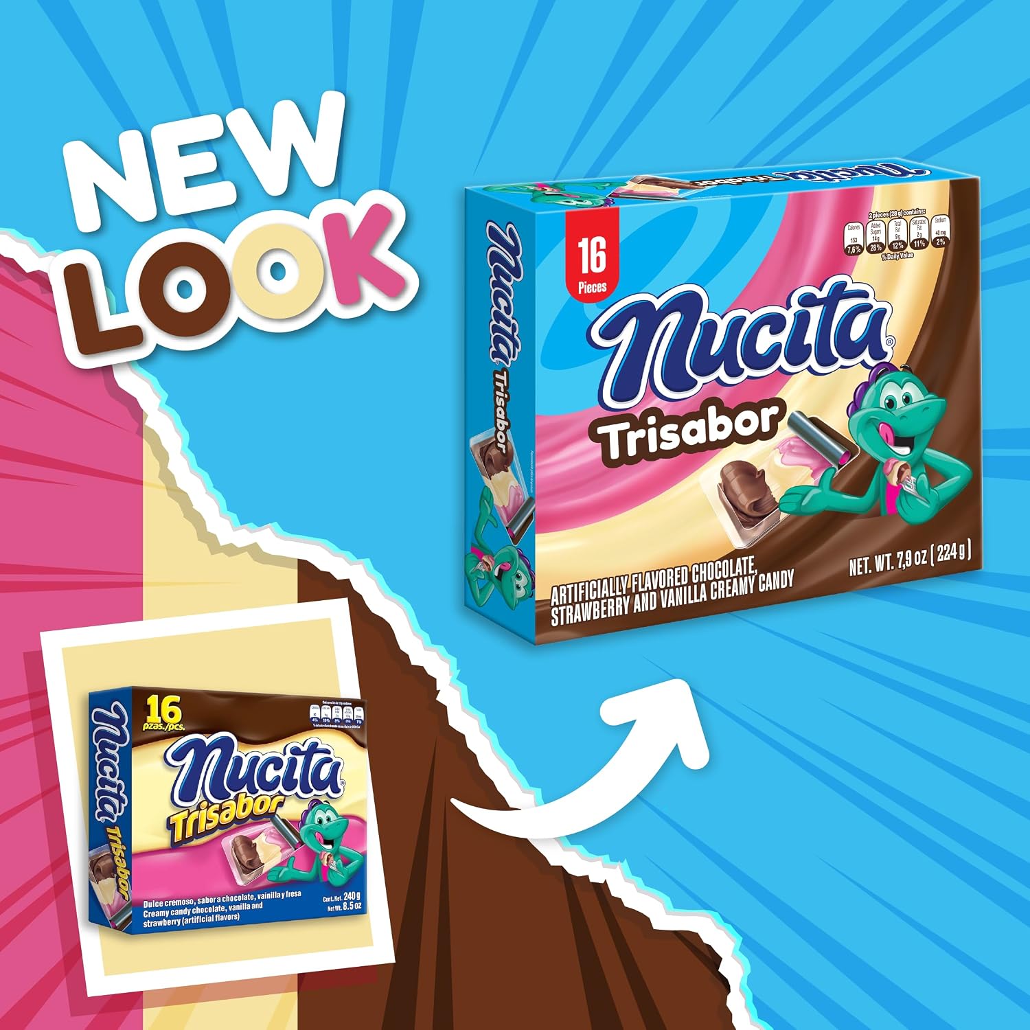 Nucita Trisabor, 3-Flavor Creamy Candy, 7.9 oz (16 Pack) | Chocolate, Strawberry & Vanilla Spreadable Candy