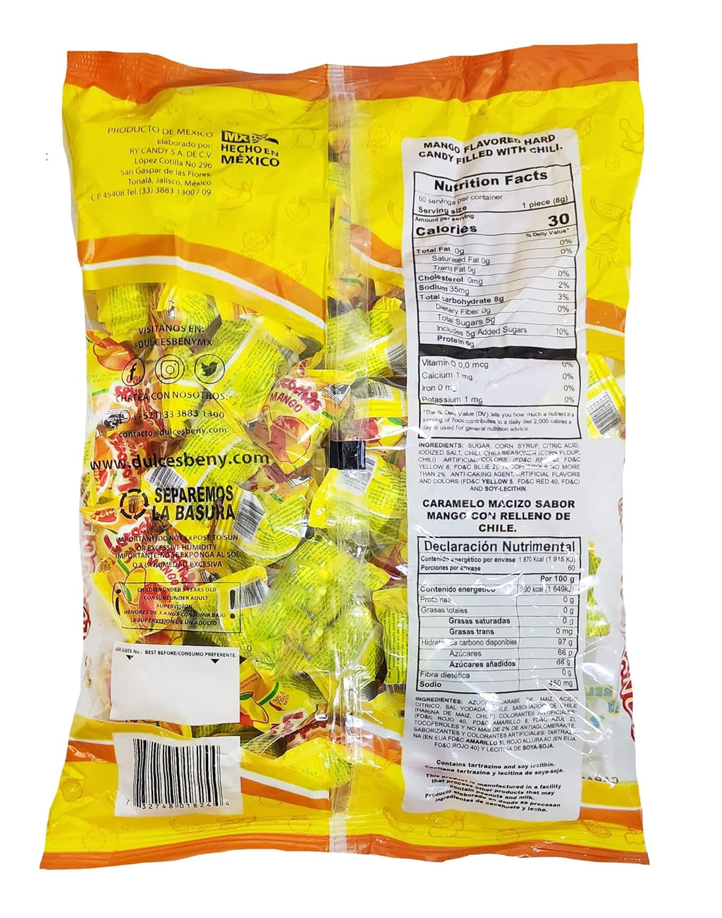 BENY LOCOCHAS MANGO FLAVORED HARD CANDY WITH CHILI CENTER 1LB .98OZ BAG 60PCS