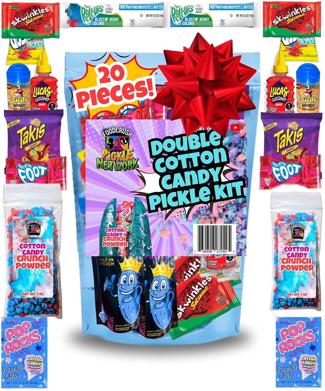 Cotton Candy Pickle Kit For 2 |20 Pieces| 2 X Cotton Candy Crunch, Pop Rocks, Blue Raz Pickles, Lucas Gusano Chamoy, Skwinkles, social media trend items gifts for kids teen girls boys