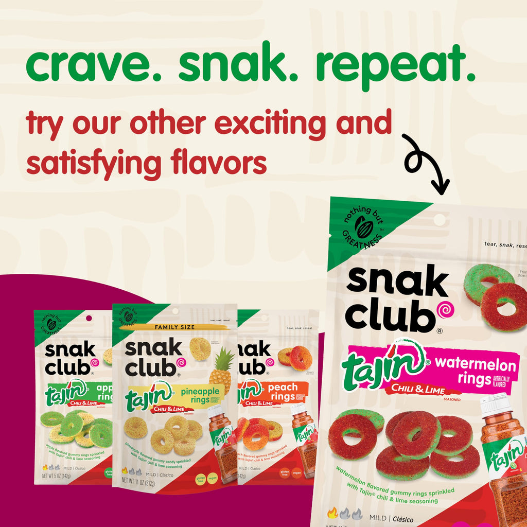 Snak Club Tajin Watermelon Rings, Chili & Lime Gummy Snacks, Mild in Heat Bold in Flavor, Gluten-Free Snack, 2.25oz,(Pack of 12)