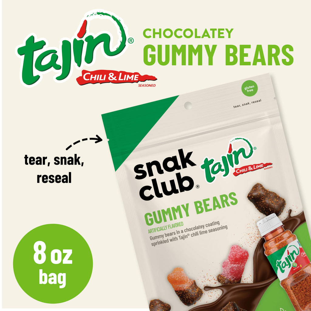 Snak Club Tajin Chocolatey Gummy Bears, Assorted Chocolate Covered Fruit Candy Gummies with Chili and Lime Seasoning, Mild, Gluten-Free Snacks, 8 oz Resealable Bag