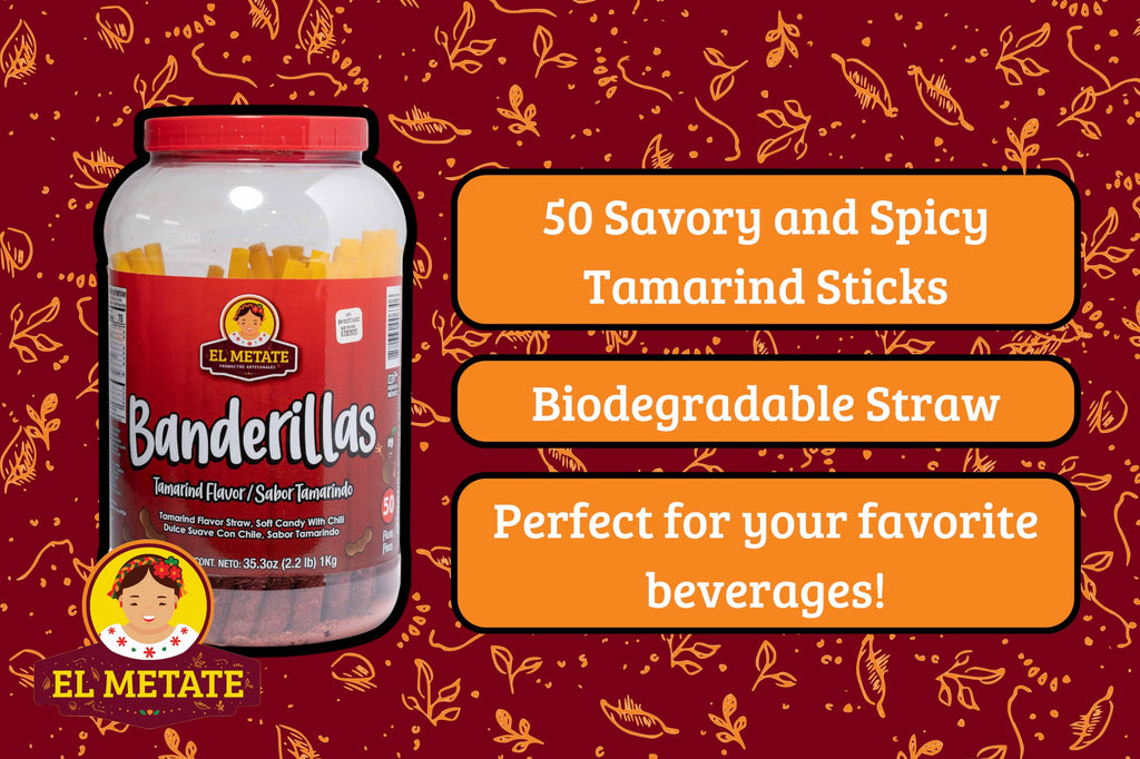 Banderilla El Metate Tamarindo/Tamarind Candy Sticks - No Wrapper - 50 Mexican Spicy Candy Sticks with Biodegradable Straws