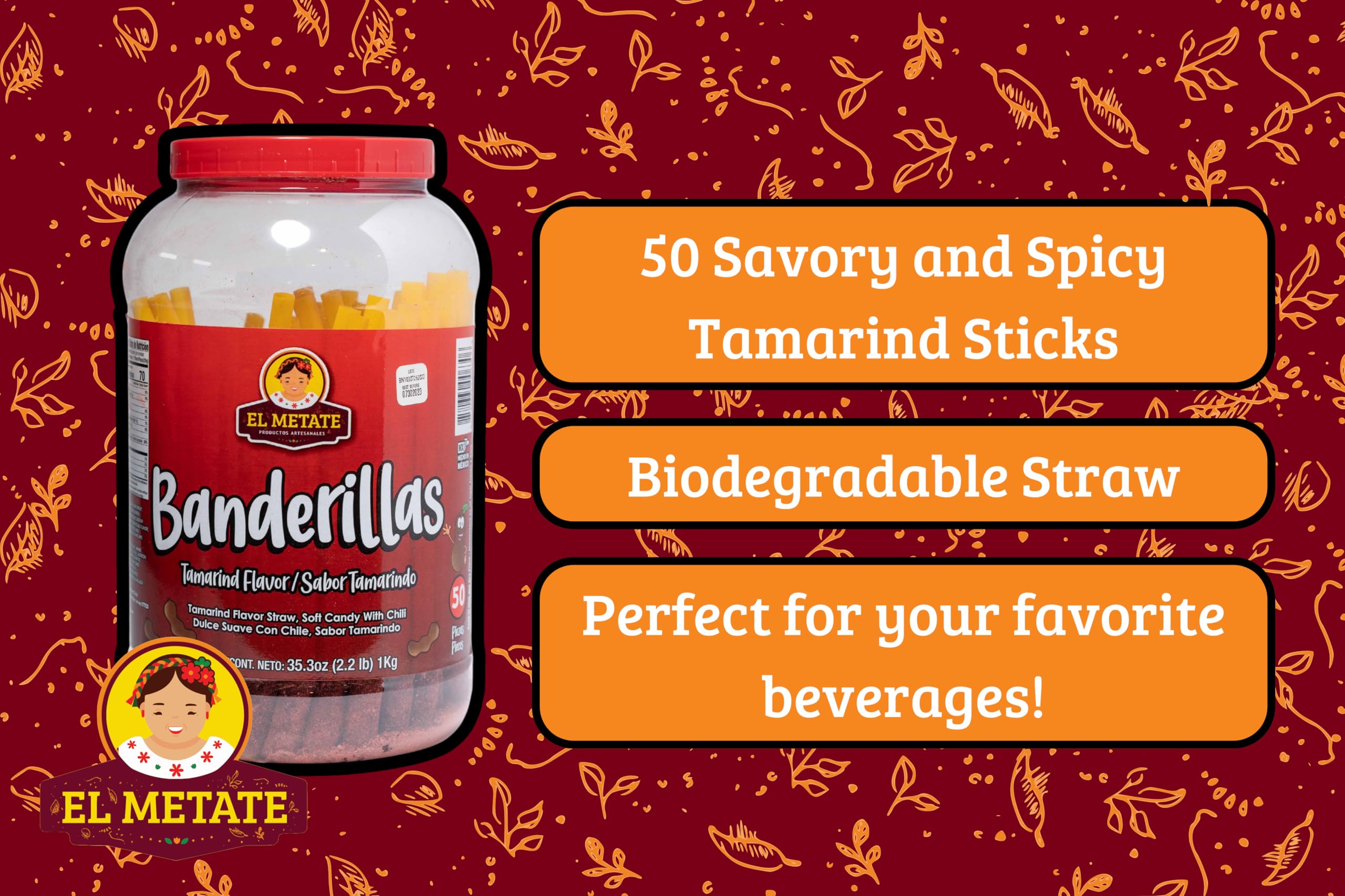 Banderilla El Metate Tamarindo/Tamarind Candy Sticks - No Wrapper - 50 Mexican Spicy Candy Sticks with Biodegradable Straws