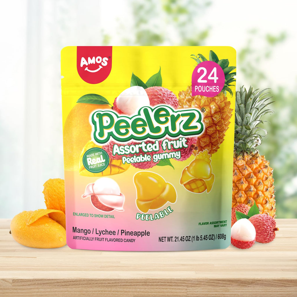 AMOS Peelerz Chili Mango Peelable Gummy Candy, Spicy Sweet Mango Flavor, Real Fruit Juice Infused, 8.47 OZ (240g)