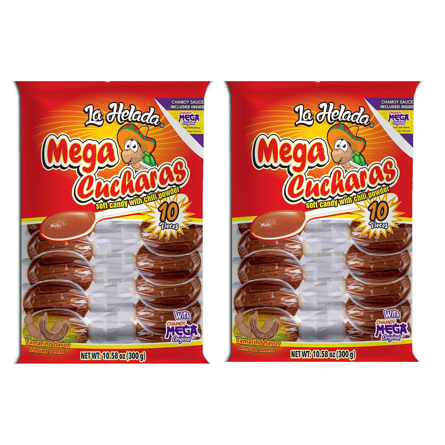 La Helada Mega Cucharas (10ct) 2 Pack - Chamoy Packets inside - Tamarind Spoons - Tamarind Candy - Mexican Candy - Piñata Filler - Party Favors - Goodie Bag Fillers