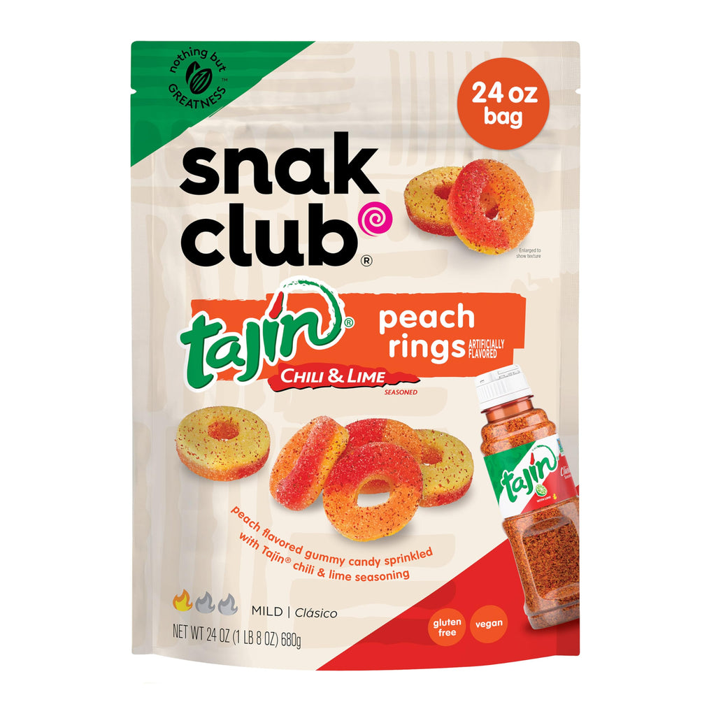 Snak Club Tajin Mango Rings Gummy Candy, Fruit Candy Gummies with Chili and Lime Seasoning, Mild, Gluten-Free and Vegan Snacks, 11 oz Resealable Bag