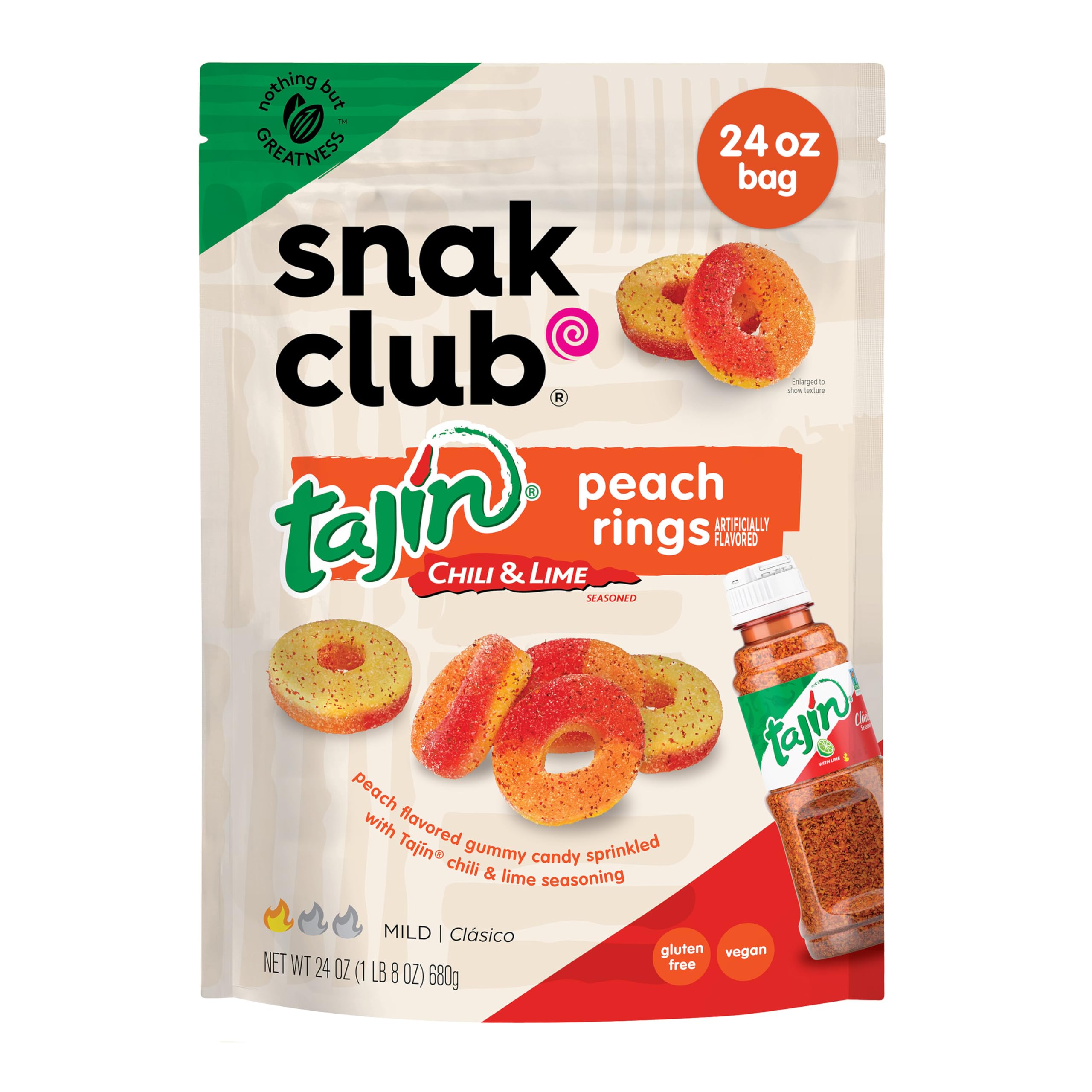 Snak Club Tajin Mango Rings Gummy Candy, Fruit Candy Gummies with Chili and Lime Seasoning, Mild, Gluten-Free and Vegan Snacks, 11 oz Resealable Bag