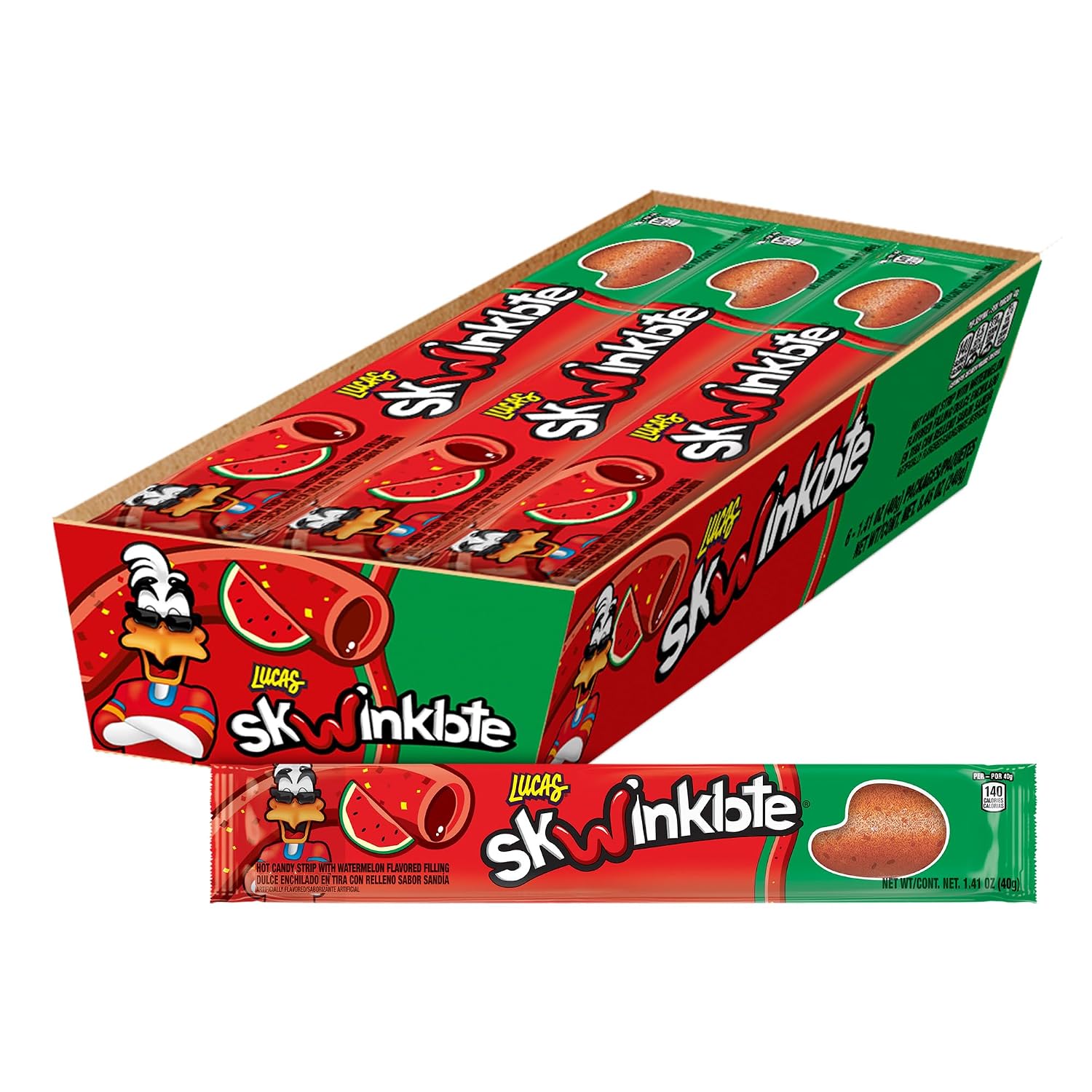Lucas Skwinklote Watermelon Flavor Sweet and Sour Candy Strip, 1.41oz - 6 Pieces Pack for Treats, Snack, Parties, Piñatas