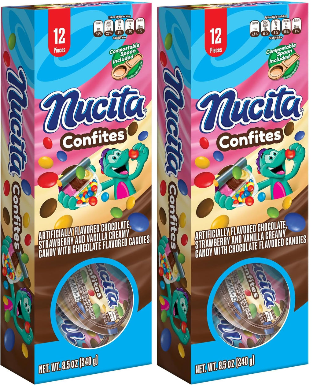 Nucita Confites 3-Flavor Spreadable Candy with Chocolate Candy (12 Pack) | Chocolate, Strawberry & Vanilla Spreadable Candy with Chocolate Flavored Candies