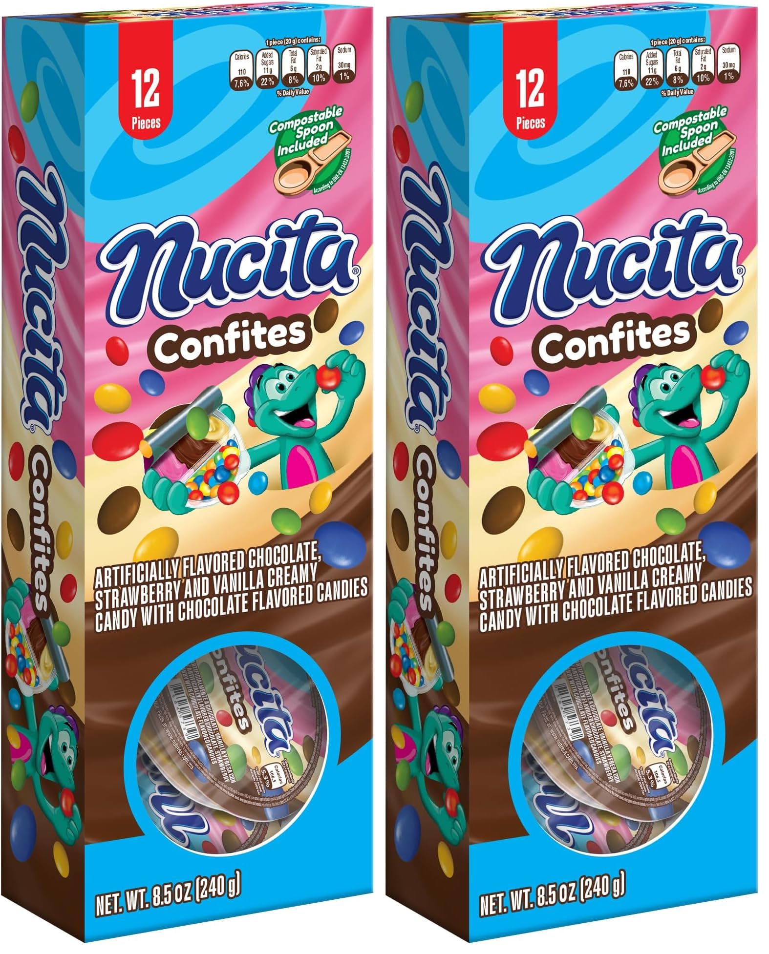 Nucita Confites 3-Flavor Spreadable Candy with Chocolate Candy (12 Pack) | Chocolate, Strawberry & Vanilla Spreadable Candy with Chocolate Flavored Candies